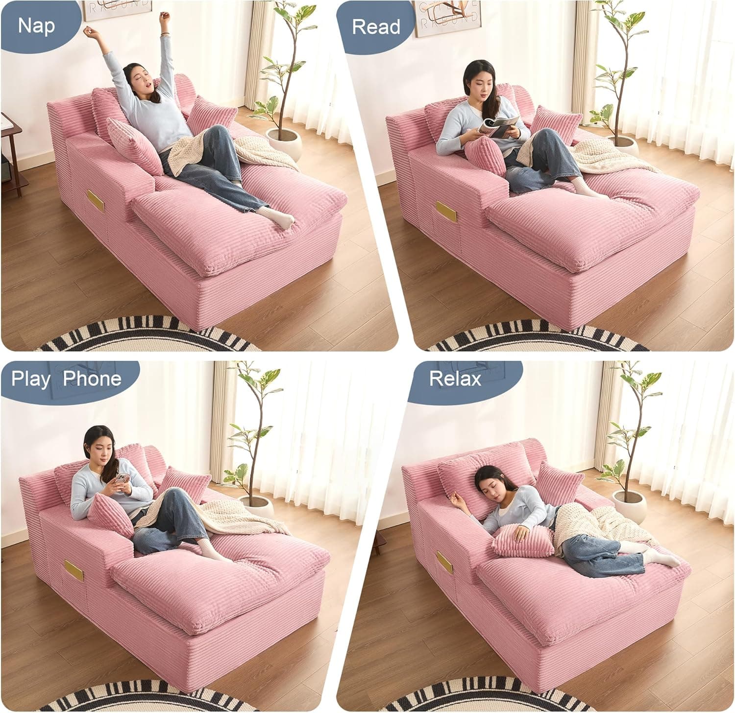 63" Oversized Boneless Chaise Lounge Chair, Extra Cloud Layer, Convertible Sleeper Sofa Couch with Removable Pillows & Side Pockets, Corduroy Upholstered Sofa Bed with Armrests for Living Room, Pink Pink Oversized - Image 7