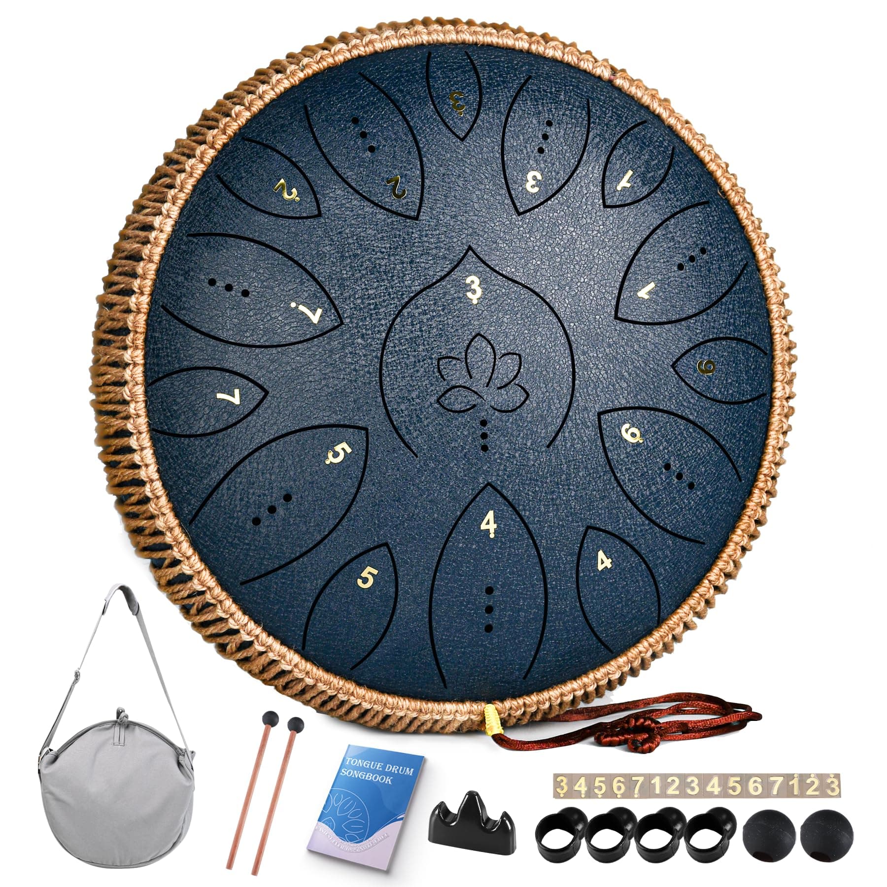 Steel Tongue Drum 13 Inches 15 Notes, Hand Pan Drums for Adults 440hz, C Major Handpan Musical Instrument with Song Book, Mallets and Carry Bag, Navy Blue Navy Blue 13Inch-Lotus
