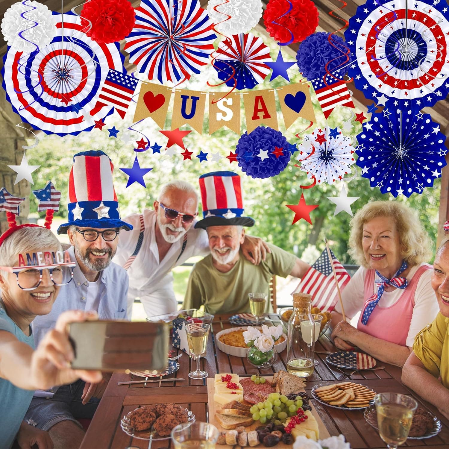 26 PCS 4th of July Decorations, Red White Blue Paper Fans in Patriotic Designs, 4th of July Banner Pompom Star Garland and Hanging Swirls Set for Fourth of July Independence Day Party Supplies Decor - Image 7