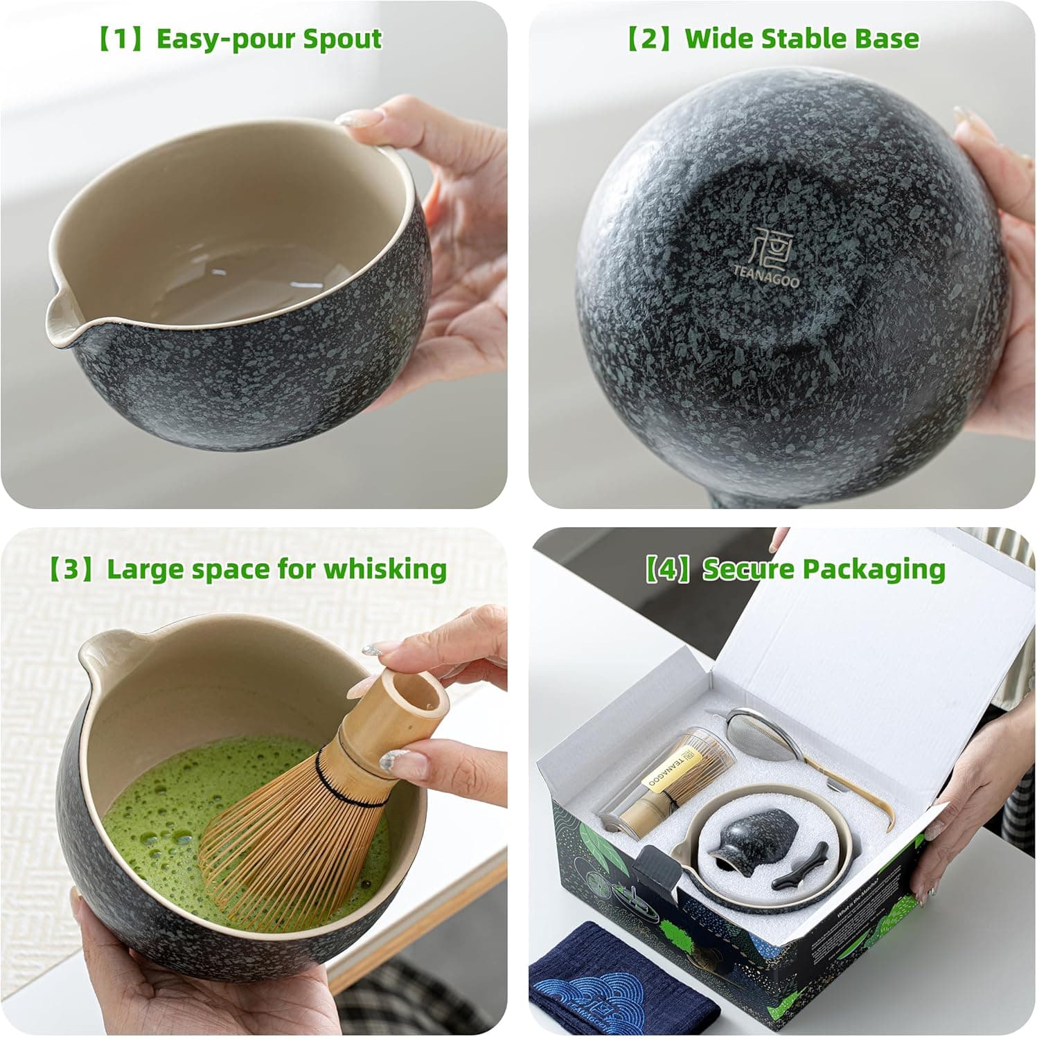 TEANAGOO Matcha Whisk Set Black,7 Pcs Matcha Set,Matcha Kit for Ceremony,Tradition Tea Set for Making Breakfast/Latte,Matcha Whisk Set with Bowl(Chawan)/Whisk and Holder,Gift for Family/Friend Charcoal Black 1 7pcs/set, Bowl with pouring spout - Image 4