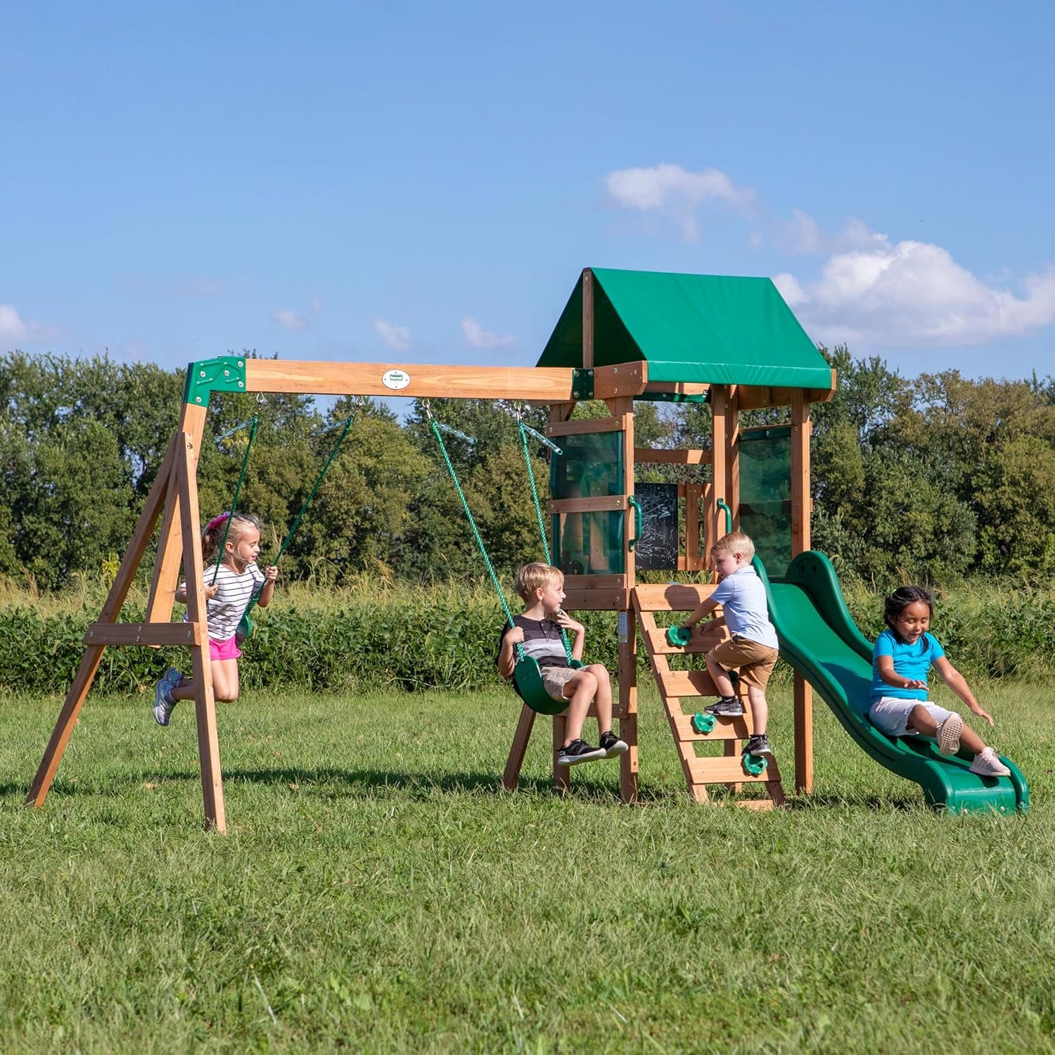 Backyard Discovery Buckley Hill Cedar Wood Swing Set with Wave Slide, Play Deck, Rock Wall Ladder, Belt Swings, Chalkboard, Canopy Roof, Outdoor Playset Green - Image 2