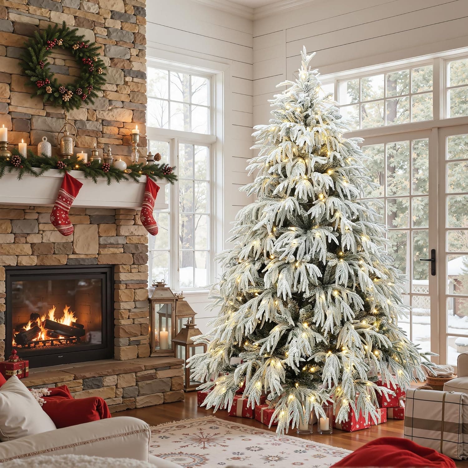 LuxenHome 6.5FT Flocked Artificial Christmas Tree, Spruce Prelit Christmas Trees Flocked with 450 Warm White LED Lights, Realistic Xmas Tree with 4000 PE+PVC Tips for Indoor and Outdoor Xmas Decor 6.5‘ Flocked Spruce - Image 7