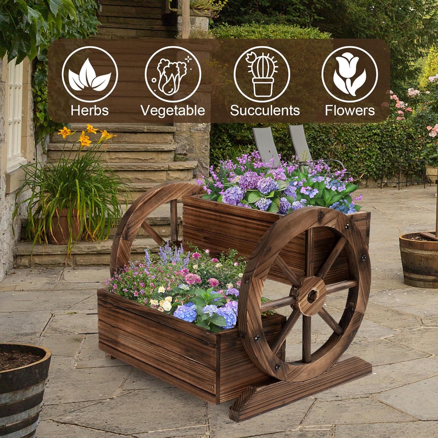 Wooden Wagon Planter Box, Garden Planter with Wheels,Decorative Planter for Flowers Herbs Vegetables for Indoor & Outdoor Décor, Flower Cart for Patio Garden Balcony 2-tier Planter Box --1pc - Image 8
