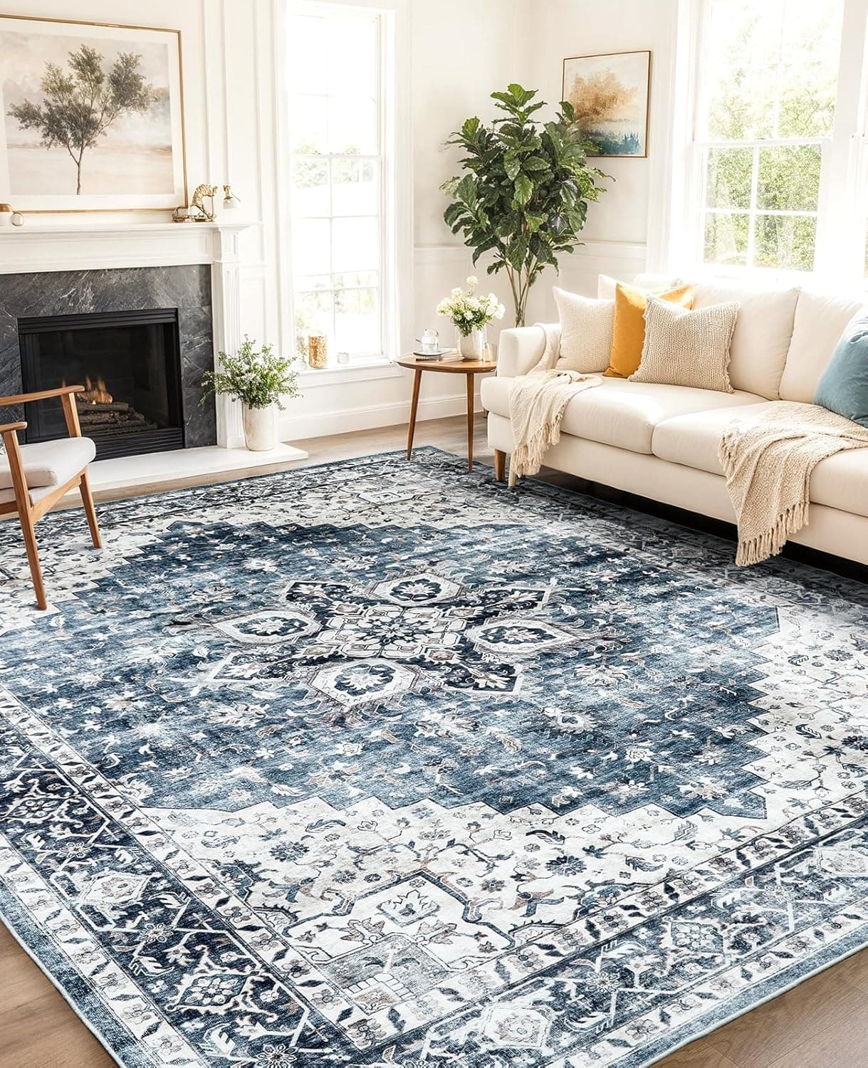 AMADA HOMEFURNISHING 8x10 Washable Area Rug, Low-Profile Large Area Rug with Non-Slip Backing & Durable Edge Binding, Vintage Large Rugs for Living Room, Bedroom, Dinning Room 8' x 10' (Rectangular) Blue - Image 9