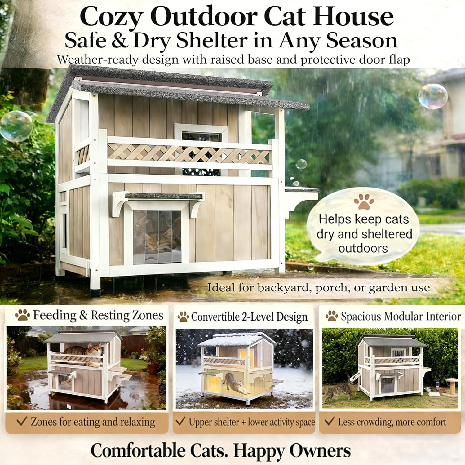 Feral Cat Shelter Outdoor Weatherproof Houses for Cats Two Story Wooden Cat House Outside Feral Cat House with Balcony Waterproof, Escape Doors Greywhite - Image 7