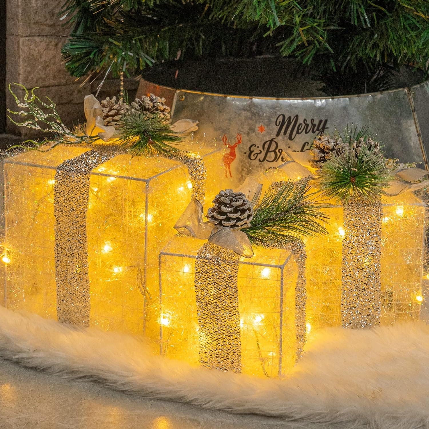 Hourleey Set of 3 Christmas Lighted Gift Boxes, Pre-lit 60 LED Light Up Present Boxes Ornament Outdoor Warm White Tinsel Boxes Decoration for Indoor Christmas Home Yard Lawn Decor - Image 2