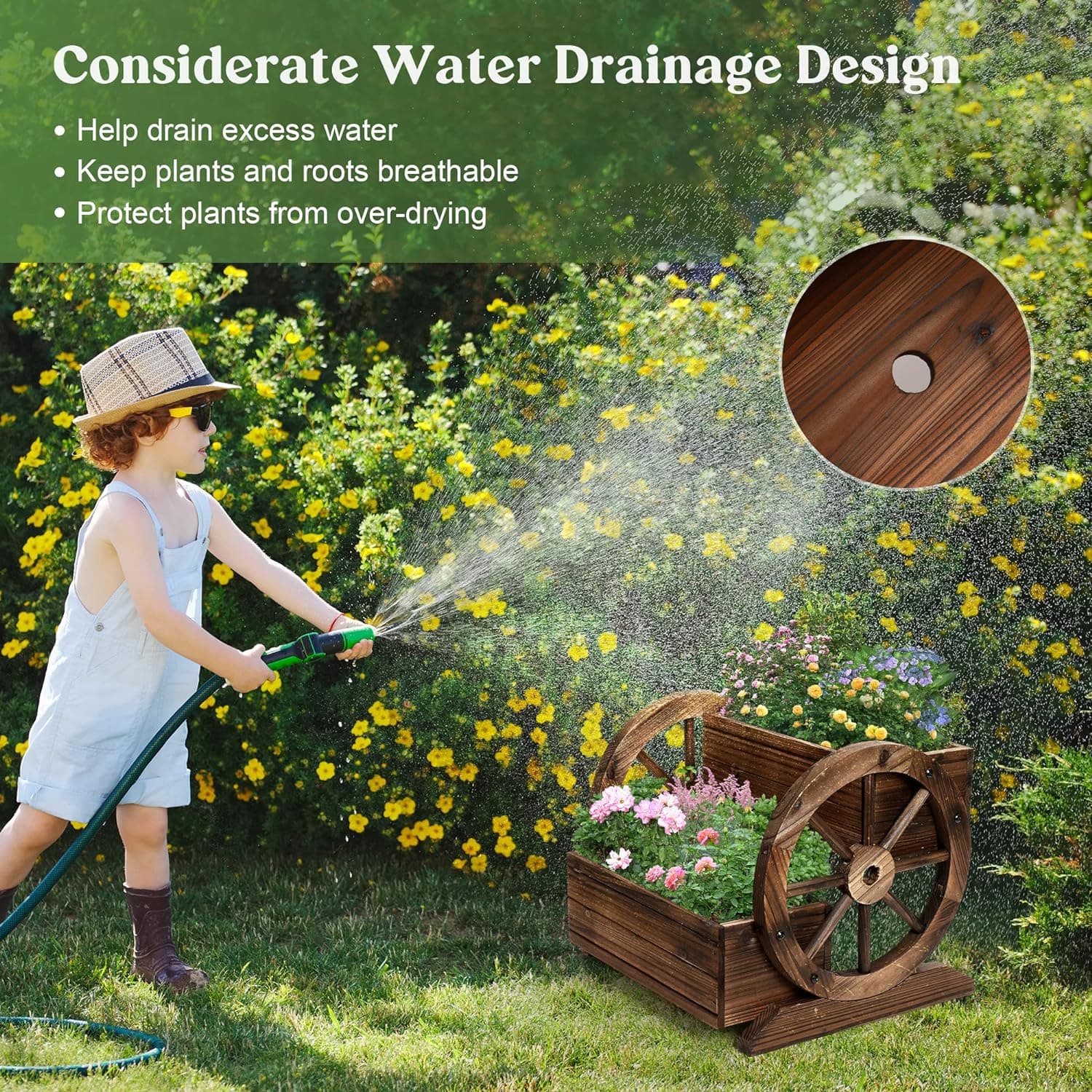 Wooden Wagon Planter Box, Garden Planter with Wheels,Decorative Planter for Flowers Herbs Vegetables for Indoor & Outdoor Décor, Flower Cart for Patio Garden Balcony 2-tier Planter Box --1pc - Image 7