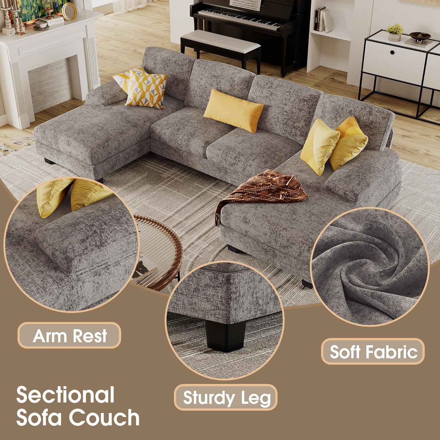 Furmax Sectional Couches for Living Room, U-Shaped Sofa Couch with Linen Fabric, 4 Seat Sofa Set with Double Chaise for Apartment (Fabric, Grey) Grey Fabric - Image 6