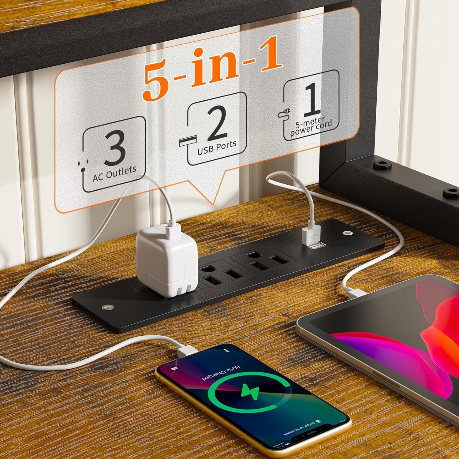 EnHomee 57" Office Desk with Drawers and Printer Space,Computer Desk with Power Outlets,Home Office Desks with File Drawers Cabinet,Study and Gaming Desk with Shelves Monitor Stand,Rustic Brown - Image 6