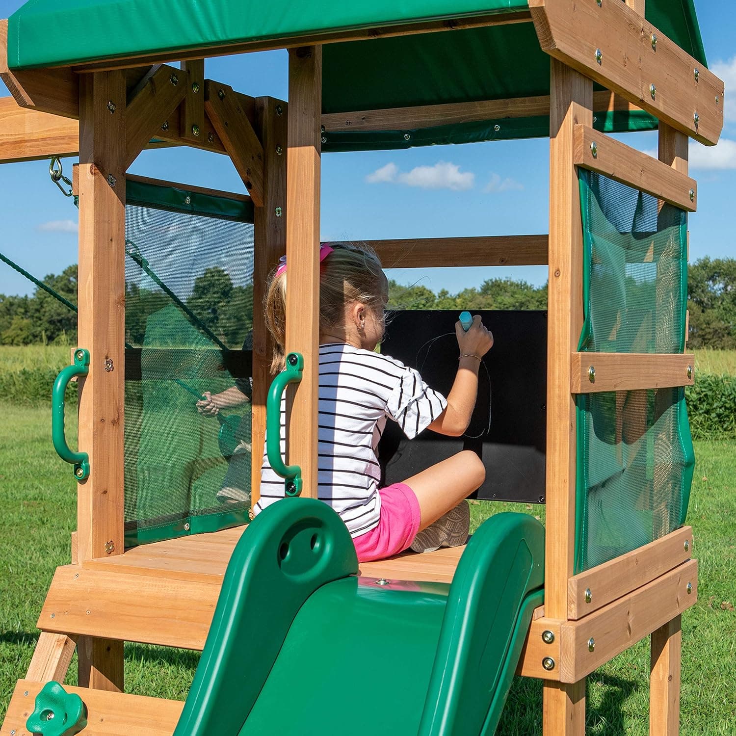 Backyard Discovery Buckley Hill Cedar Wood Swing Set with Wave Slide, Play Deck, Rock Wall Ladder, Belt Swings, Chalkboard, Canopy Roof, Outdoor Playset Green - Image 6