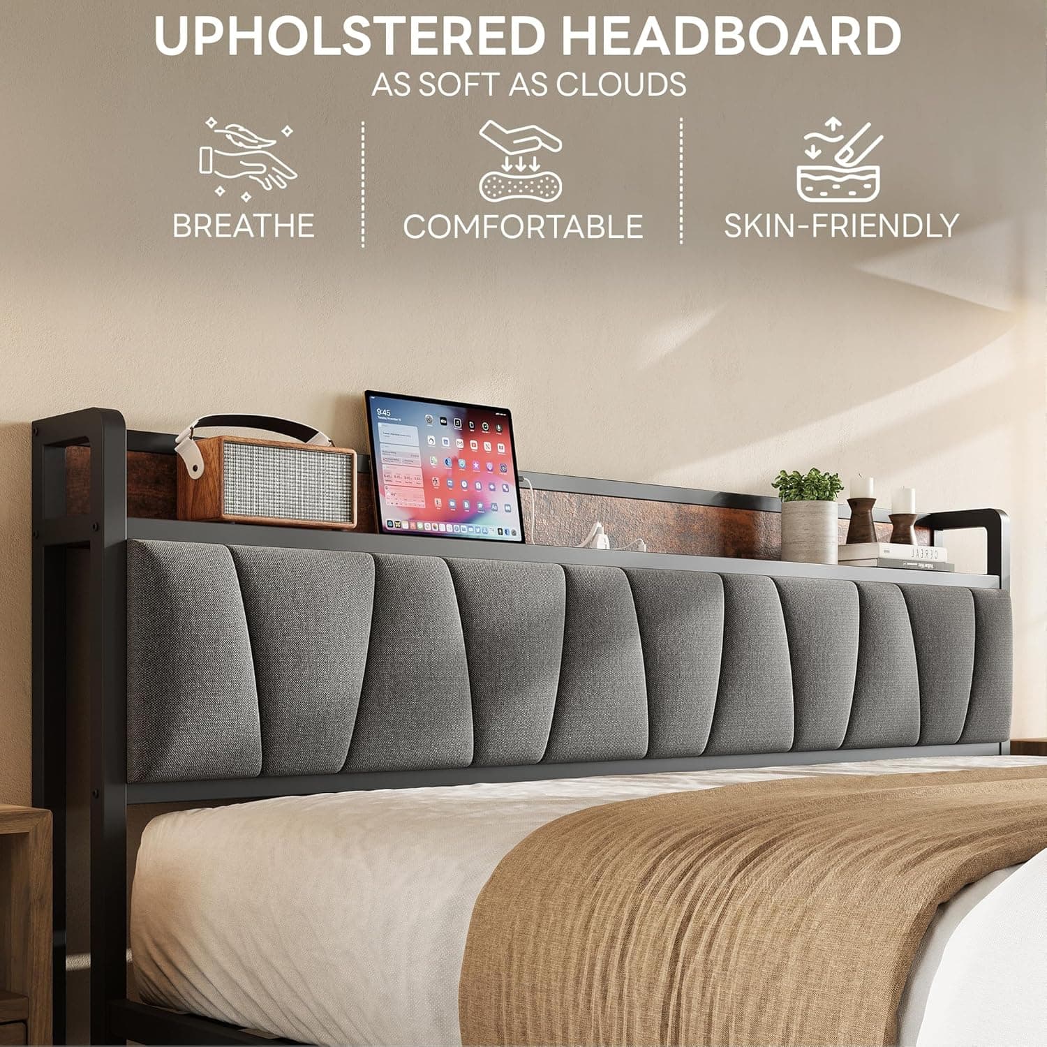 LIKIMIO King Size Bed Frame, Storage Headboard with Charging Station, Solid and Stable, Noise Free, No Box Spring Needed, Easy Assembly King Vintage Brown and Grey - Image 3