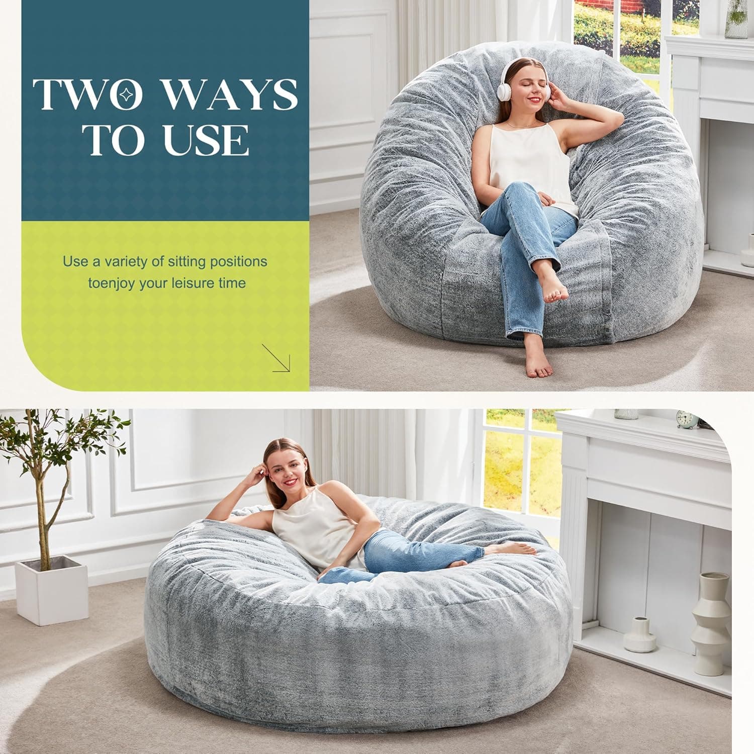 Hobestluk Bean Bag Chairs Giant Beanbag Chair with Filler, Memory Foam Bean Bags with Fluffy & Machine Washable Cover, Bean Bag Chairs for Aduts for Living Room, Bedroom (Grey, 5FT - 50” x 50” x 24”) Grey 5FT - 50” x 50” x 24” - Image 4