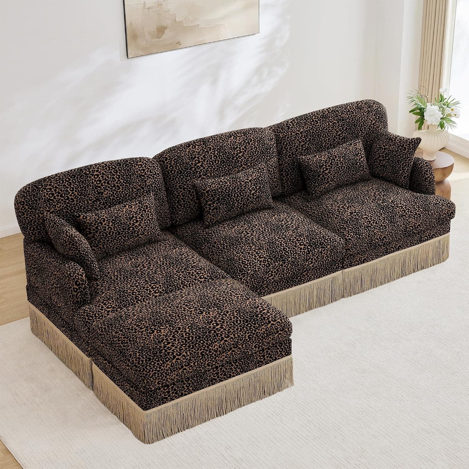 Amazon.com: Aoowow Luxury 110.3" L-Shaped Sofas with Tassel,Modular Sectional Vintage Leopard Print 3 Seater Cloud Sofa Couch with Ottoman,Floral Black and Brown L Shape Couches for Living Room,Apartment : Home & Kitchen