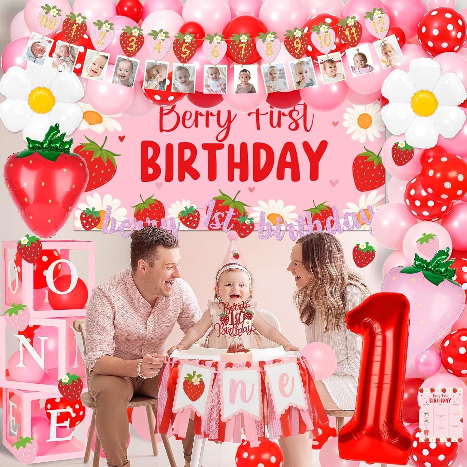 Berry First Birthday Decor Strawberry 1st Birthday Decorations for Girls with Balloon Arch, Highchair Banner Strawberry Theme Backdrop, Photo Banner, Cake Topper Pink - Image 7