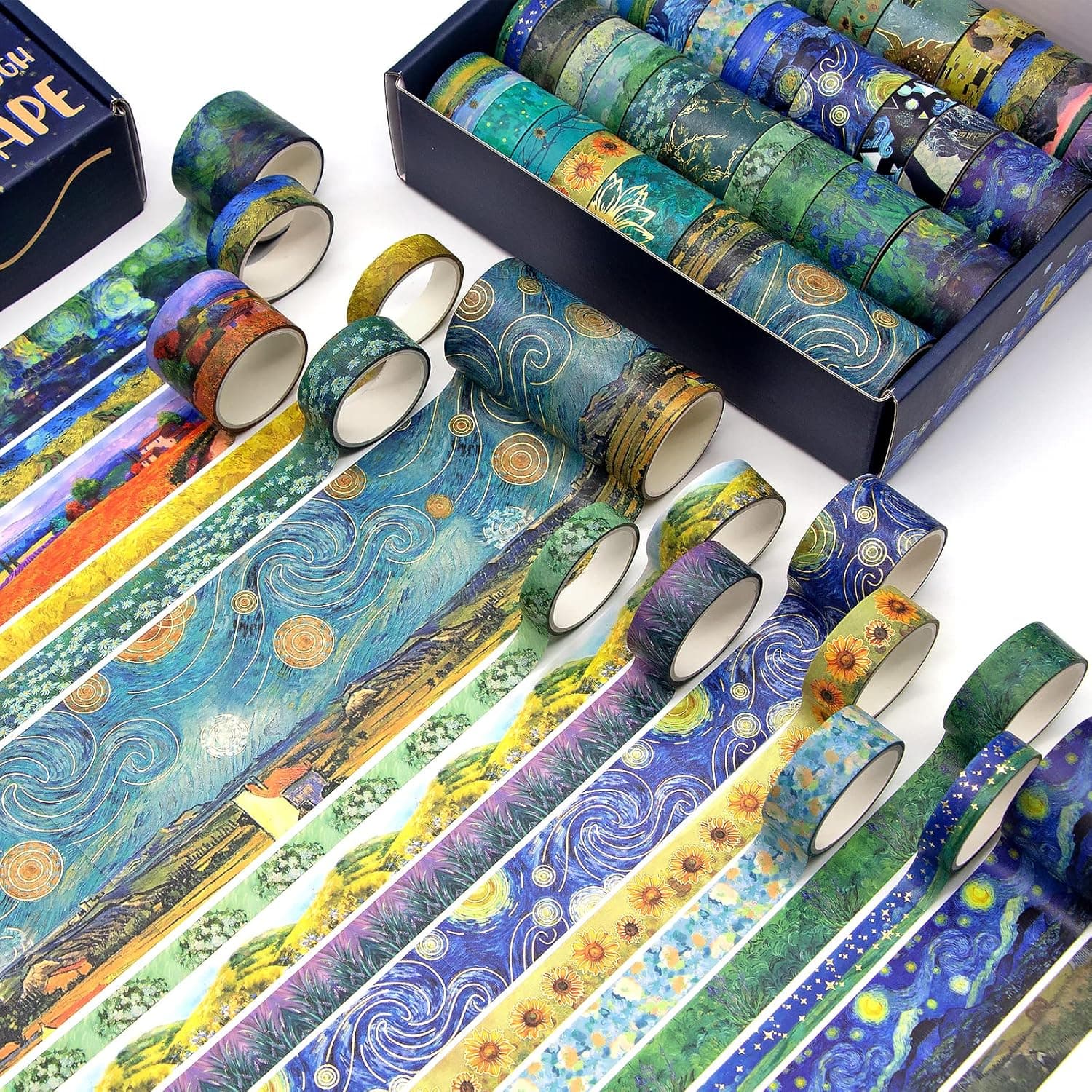 Washi Tape Set, 36 Rolls Van Gogh Vintage Gold Washy Tape, Wide Decorative Tape for Journaling, Scrapbooking Supplies,Vision Board Supplies, 6 Sizes Craft Watercolor Tape Van Gogh Themed - Image 4