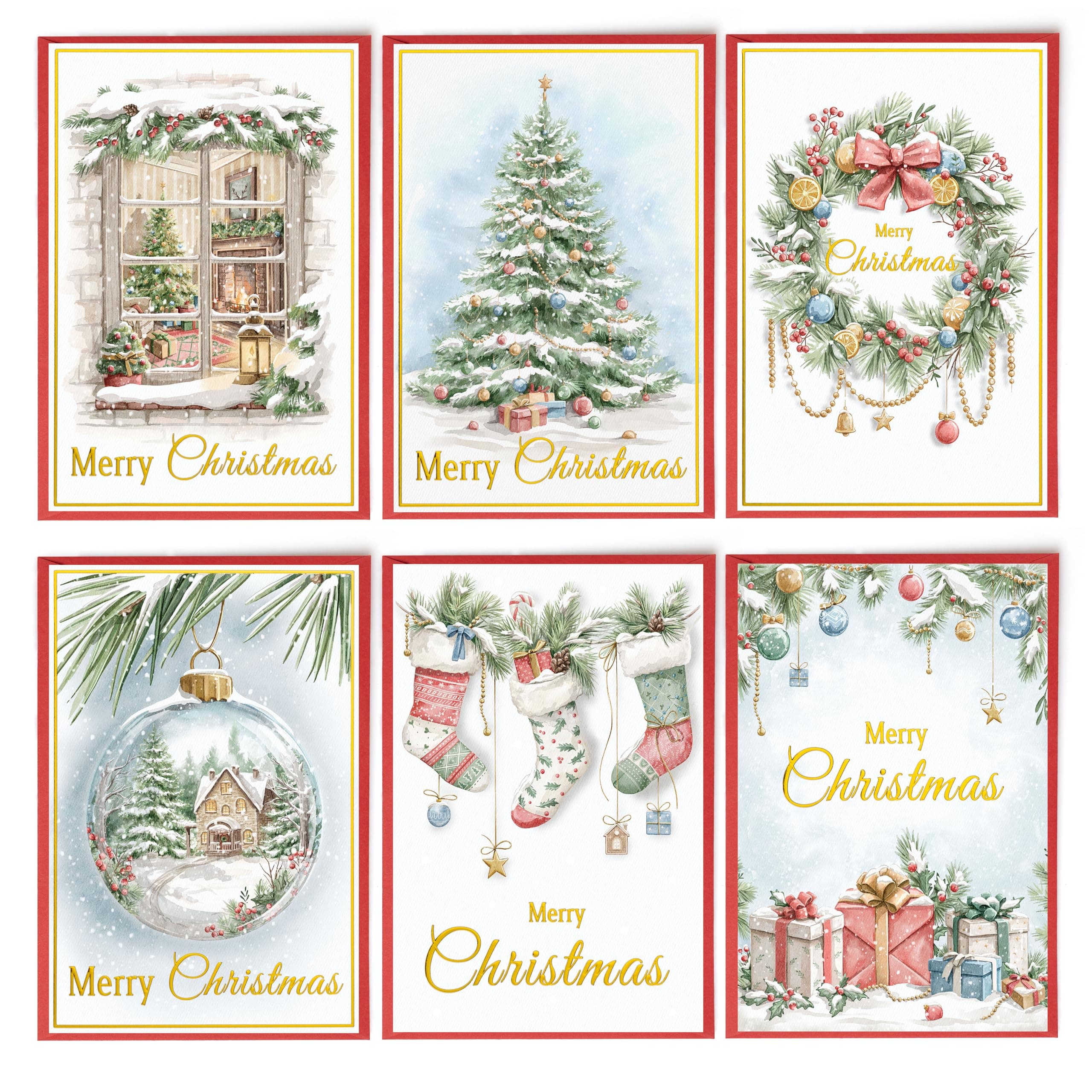 24 Christmas Cards Assortment, Festive Gold Foil Glitter Watercolor Bulk Xmas Cards with Envelopes & Messages - 6 Patterns, 4 3/4" x 7" for Friends, Family, Kids, Boys & Girls multi