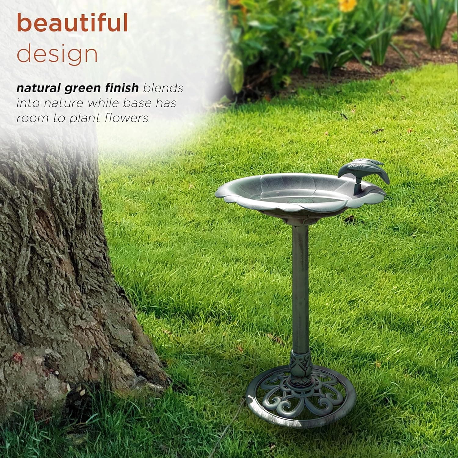 Alpine Corporation 31" Tall Outdoor Antique Flower Birdbath with Bird Decoration Yard Statue, Durable Polypropylene Construction for Patio, Deck, or Yard, Green - Image 7