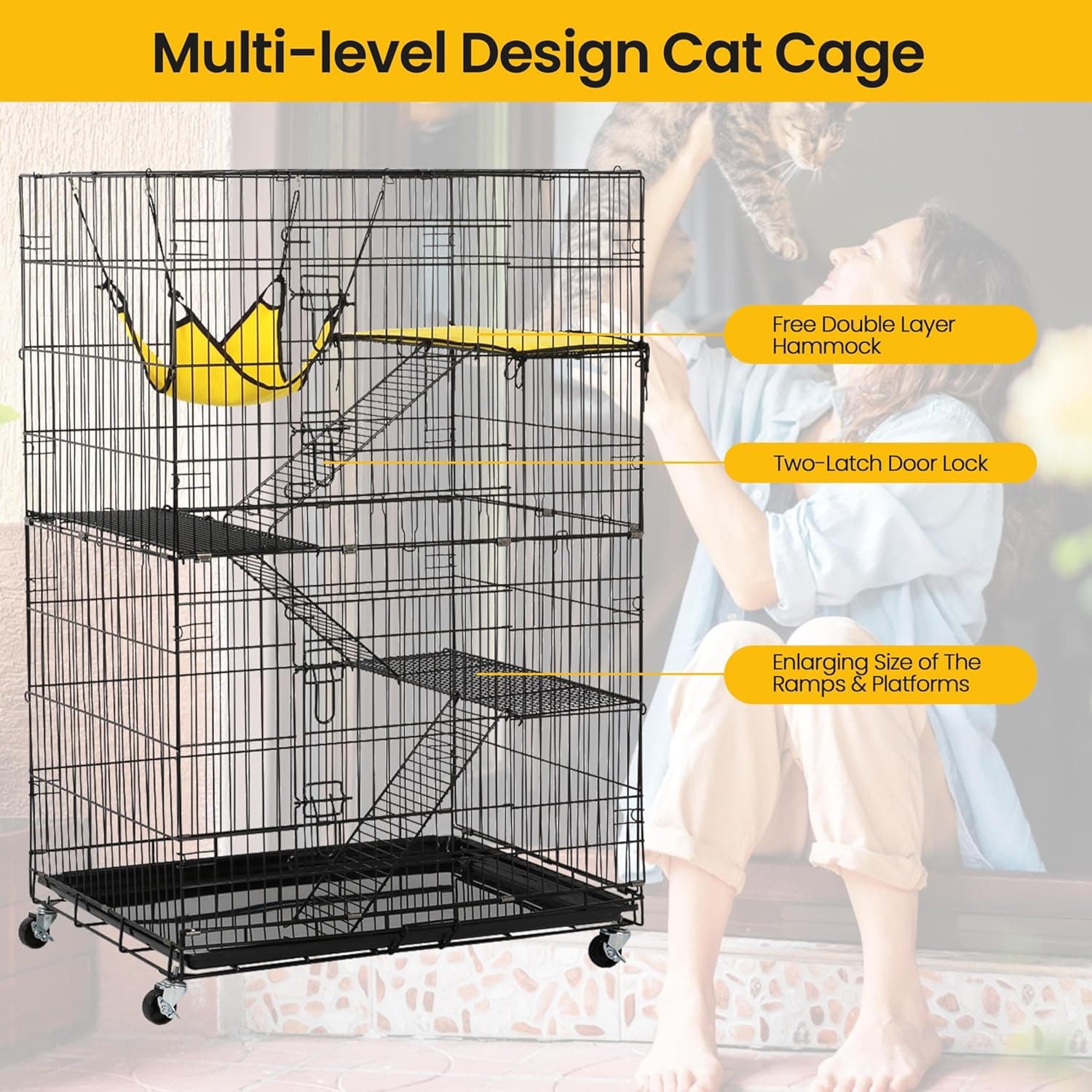 Yaheetech 49'' Collapsible Cat Cage 4-Tier Metal Cat Kennel Ferret Enclosure Chinchilla Cage with Rotating Casters/Ramp/Ladders/Hammock for Indoor Kitten - Image 6