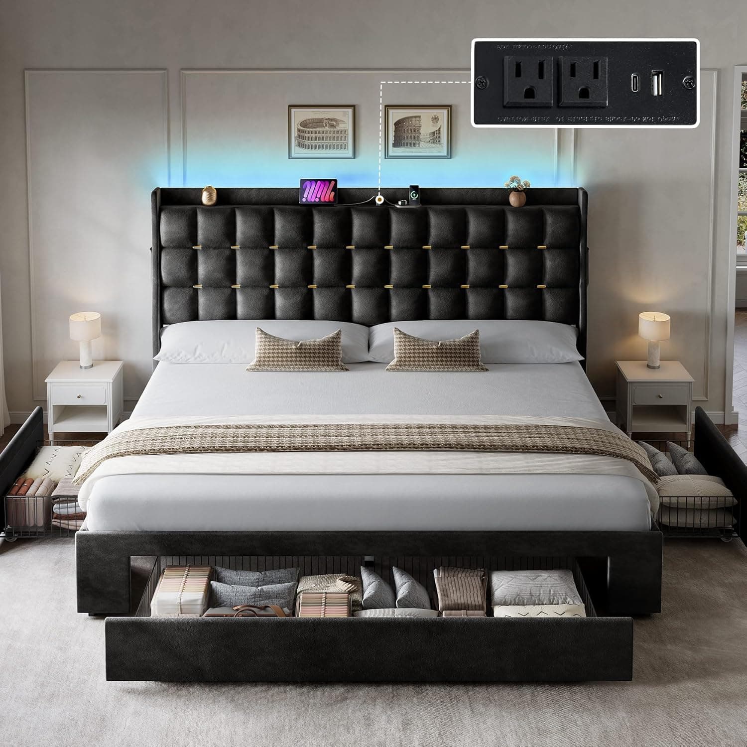 YITAHOME King Size Bed Frame with 3 Storage Drawers and RGB LED Lights, Velvet Upholstered Bed with Charging Station and Storage Headboard, No Box Spring Needed, Easy Assembly, Noise-Free, Black - Image 9