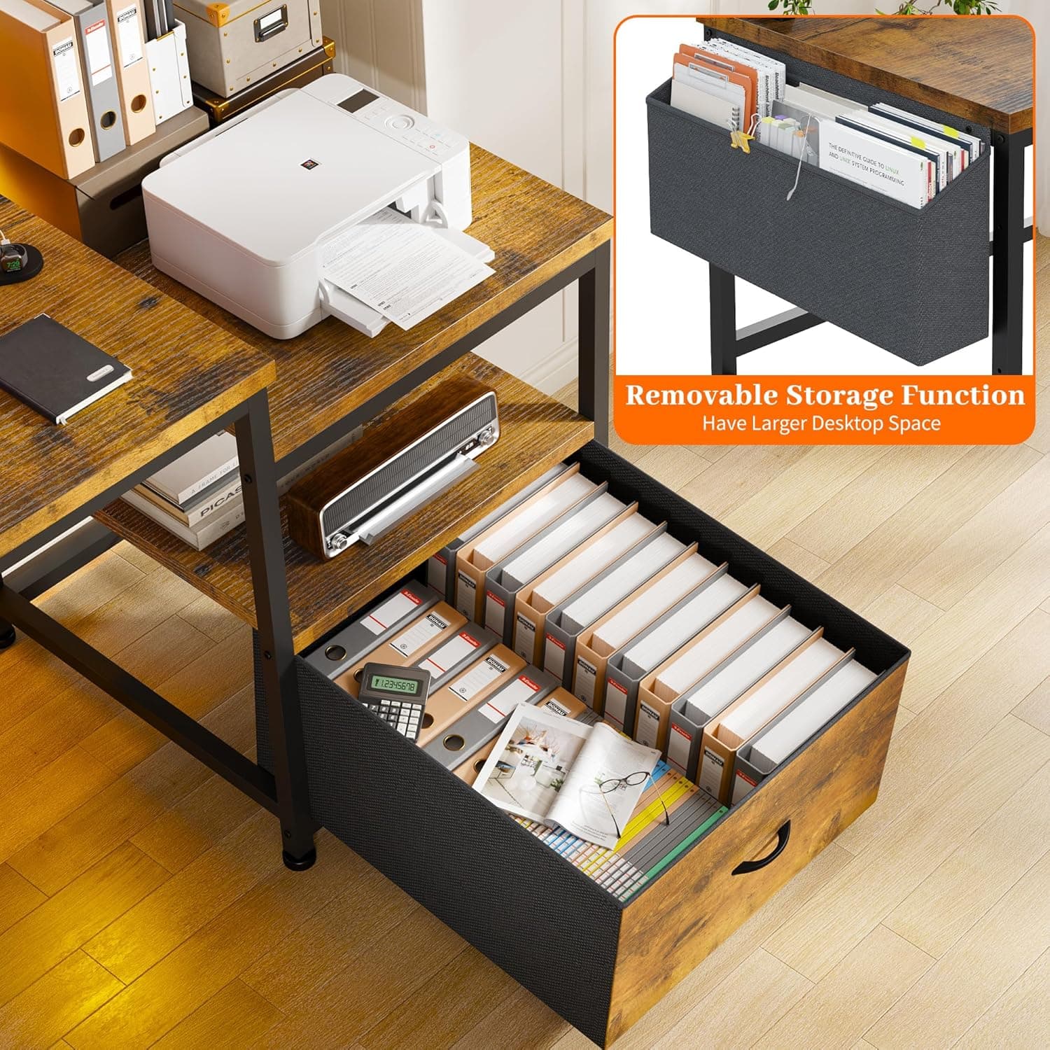 EnHomee 57" Office Desk with Drawers and Printer Space,Computer Desk with Power Outlets,Home Office Desks with File Drawers Cabinet,Study and Gaming Desk with Shelves Monitor Stand,Rustic Brown - Image 5