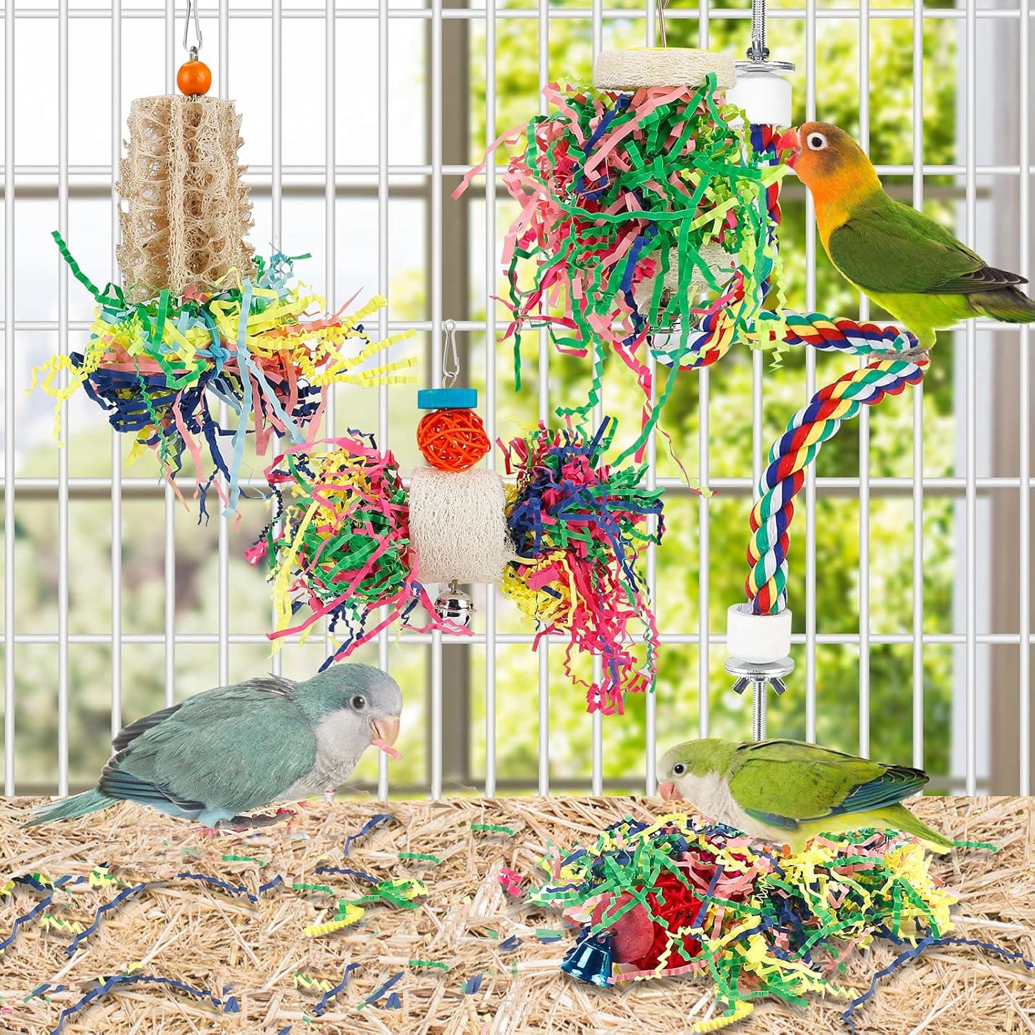 Foraging Toys Parakeet Chewing Hanging Toy Shredded Paper Bird Cage Accessories for Conure Cockatiel Budgies Lovebird Parrotlet Without Rope Perch - Image 4