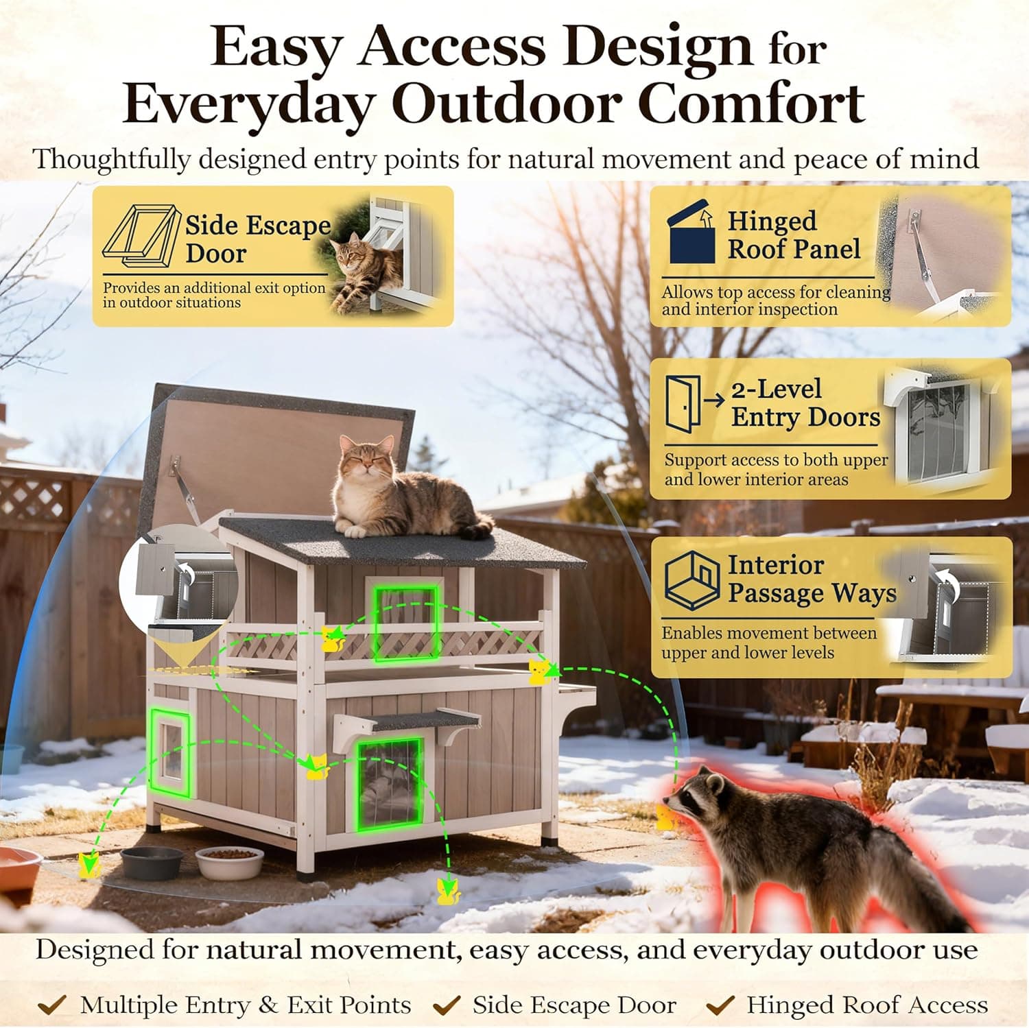 Feral Cat Shelter Outdoor Weatherproof Houses for Cats Two Story Wooden Cat House Outside Feral Cat House with Balcony Waterproof, Escape Doors Greywhite - Image 4