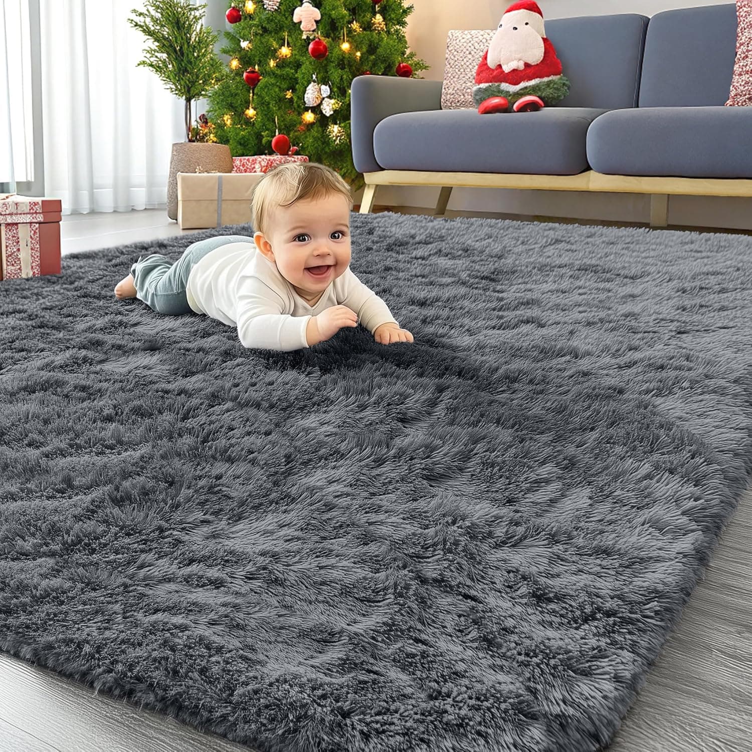 OLANLY Area Rugs for Living Room Bedroom, Machine Washable 4x5.9 ft Soft Fluffy Shaggy Bedside Rug, Indoor Floor Carpet for Kids Girls and Boys, Dorms, Nursery Rooms, Home Decor Aesthetic, Grey 4x5.9 ft Grey - Image 2