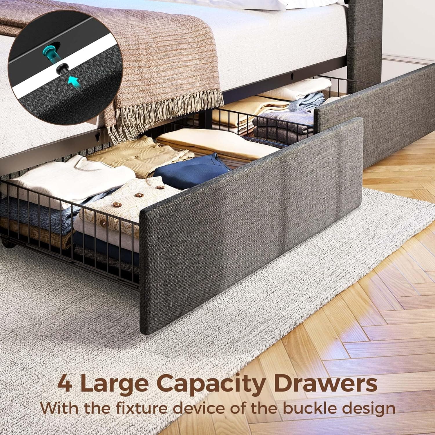 Rolanstar Twin Size Bed Frame with LED Lights and Charging Station, Upholstered Bed Storage Headboard & Drawers, Heavy Duty Wood Slats, Easy Assembly Grey Twin - Image 7