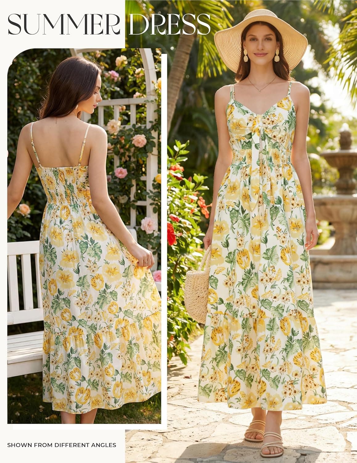 GRACE KARIN Women's 2026 Summer Maxi Dress Floral Tie Front Spaghetti Strap Casual Boho Beach Flowy Sundress with Pockets Large White Yellow Flowers - Image 4