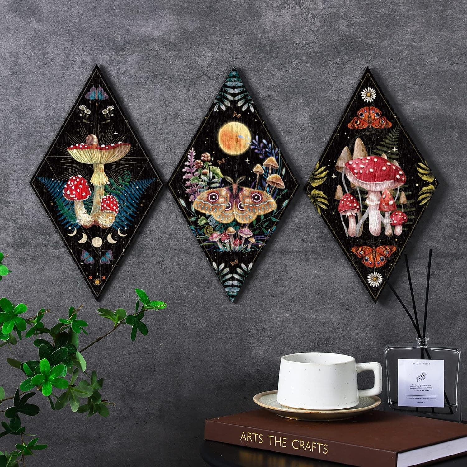 Sintuff 6 Pieces Christmas Gothic Wall Decor Boho Sun Moon Phases Wall Art Gothic Minimalist Stars Sun Hanging Wooden Home Decor Farmhouse Pediments for Gallery Living Bedroom Room(Mushroom) - Image 4