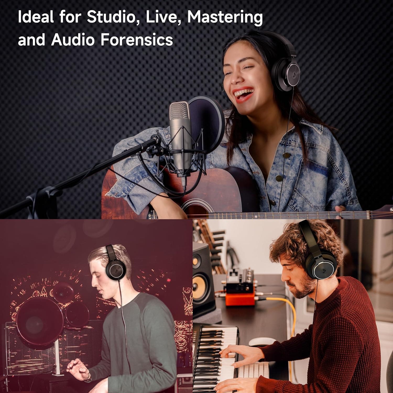 Auriculares con cable sobre la oreja, auriculares de monitor de estudio y mezcla DJ con controladores de neodimio de 50 mm y conector de 1/4 a 3.5 mm para guitarra AMP, podcast, piano, teclado (Negro) - Image 3