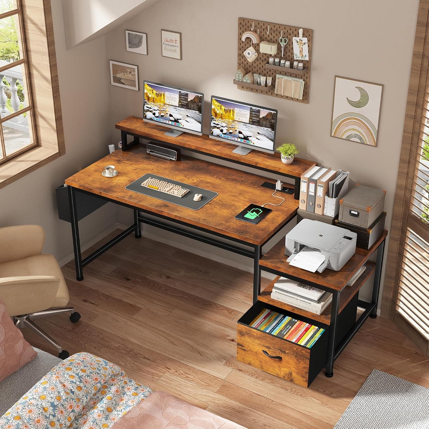 EnHomee 57" Office Desk with Drawers and Printer Space,Computer Desk with Power Outlets,Home Office Desks with File Drawers Cabinet,Study and Gaming Desk with Shelves Monitor Stand,Rustic Brown - Image 9