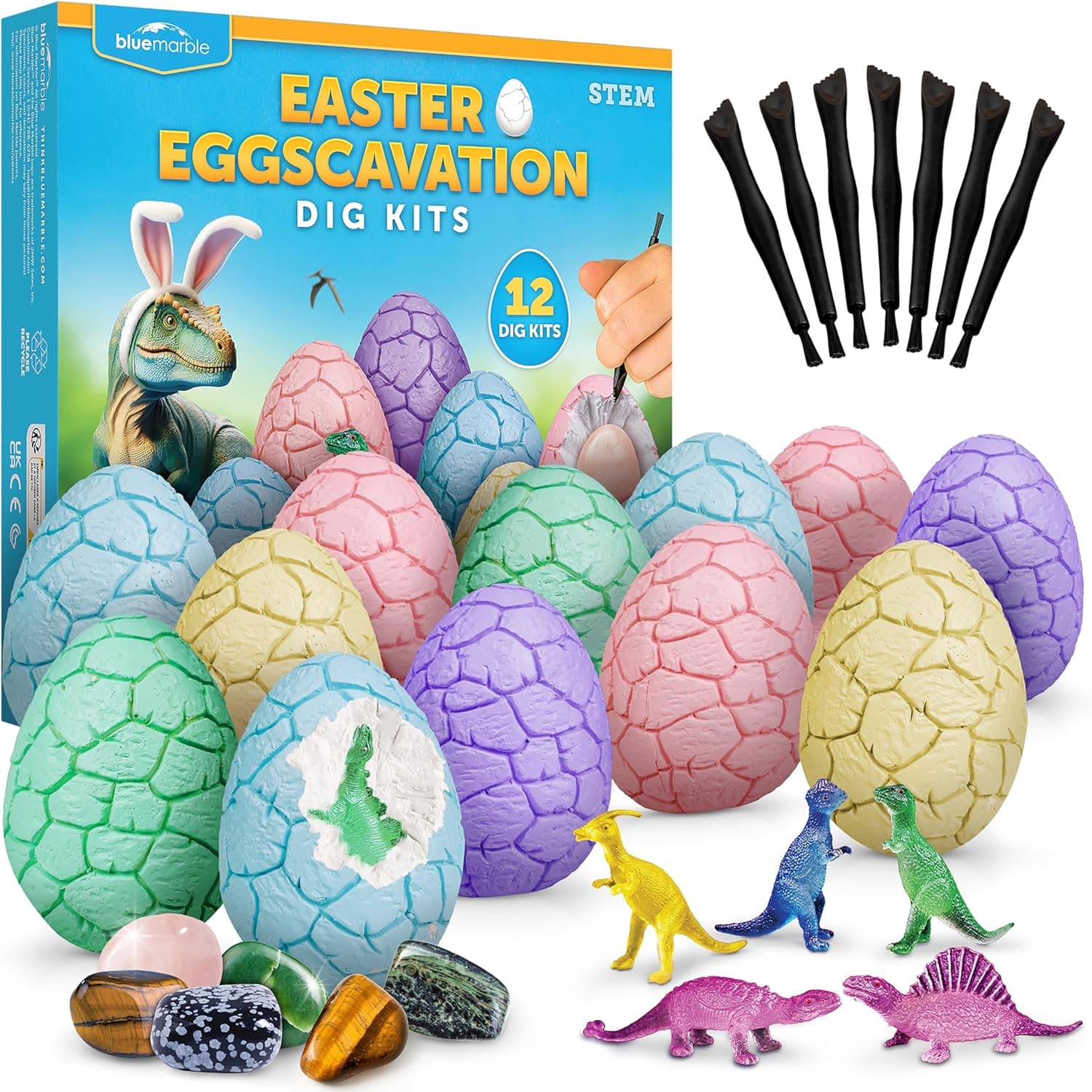 Blue Marble Easter Eggscavation Dig Kit - 12 Easter Egg Dig Bricks with Real Gemstones & Glow in The Dark Dinosaur Figures, Includes Dig Tools, Egg Hunt or Dig Party Activity, Easter Basket Stuffers - Image 2