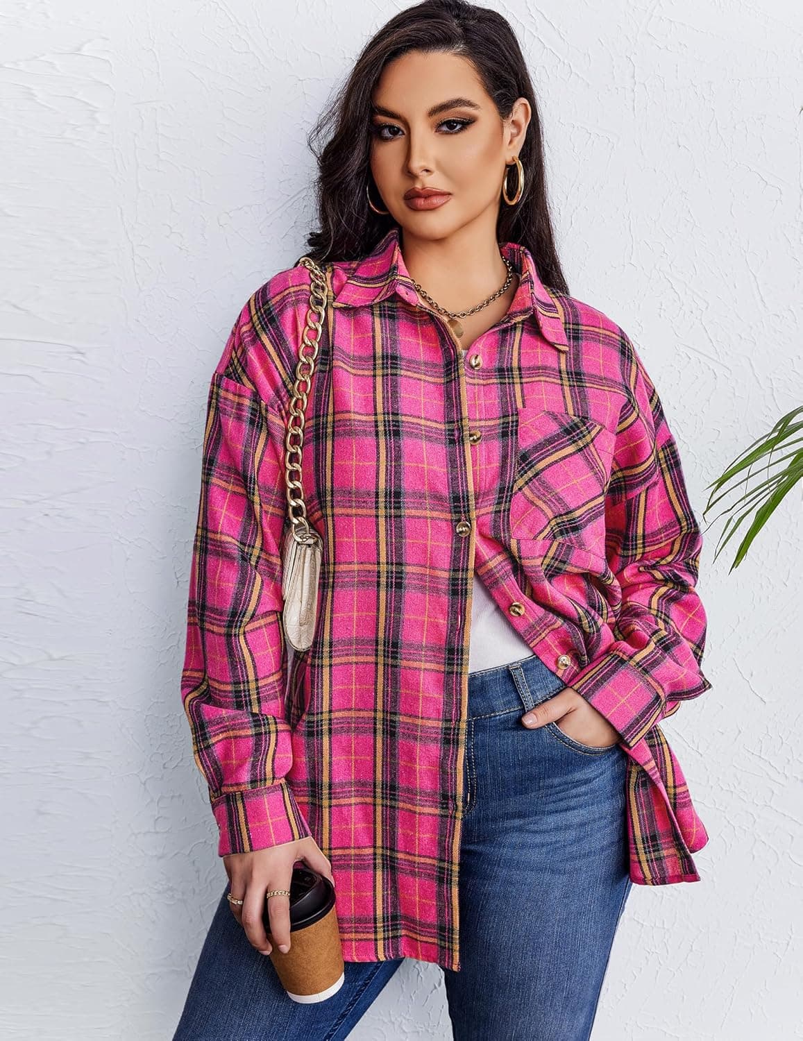 IN'VOLAND Womens Plus Size Flannel Plaid Shirts Long Sleeve Casual Collared Button Down Shirt Loose Blouse Top Pink 24 Plus - Image 3