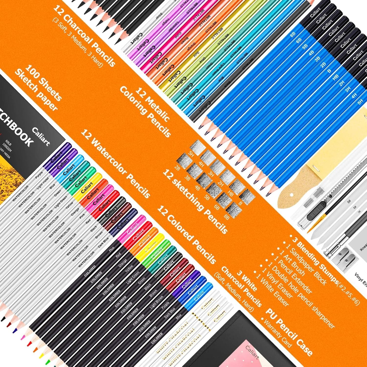 Caliart 176PCS Art Supplies Sketching Kit with 100 Sheets 3-Color Sketch Book, Graphite Colored Charcoal Watercolor & Metallic Pencils, Drawing Set Christmas Gifts for Adults Teens Girls Boys Kids Black - Image 7