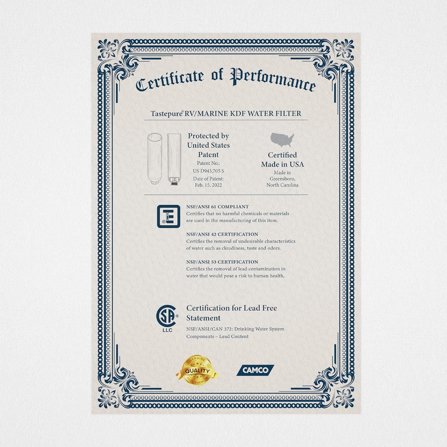 Filtre à eau Camco Tastepure RV - Filtre à eau en ligne avancé pour VR avec protecteur de tuyau flexible - Filtration GAC et KDF - Fabriqué - Image 7