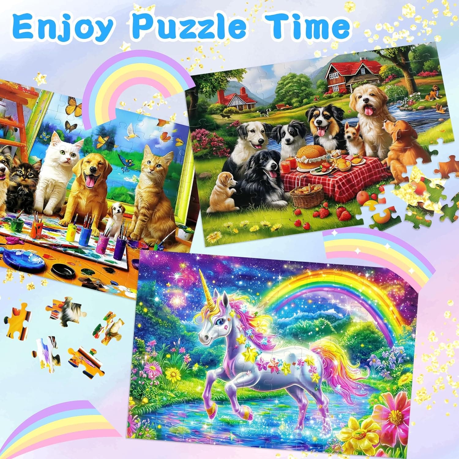 100 Piece Puzzles for Kids Ages 4-6, 4 in 1 Jigsaw Puzzles for Kids Ages 6-8, Sea World Cats Dogs Unicorn Learning Educational Children Puzzles 5-8 for Boys and Girls - Image 5