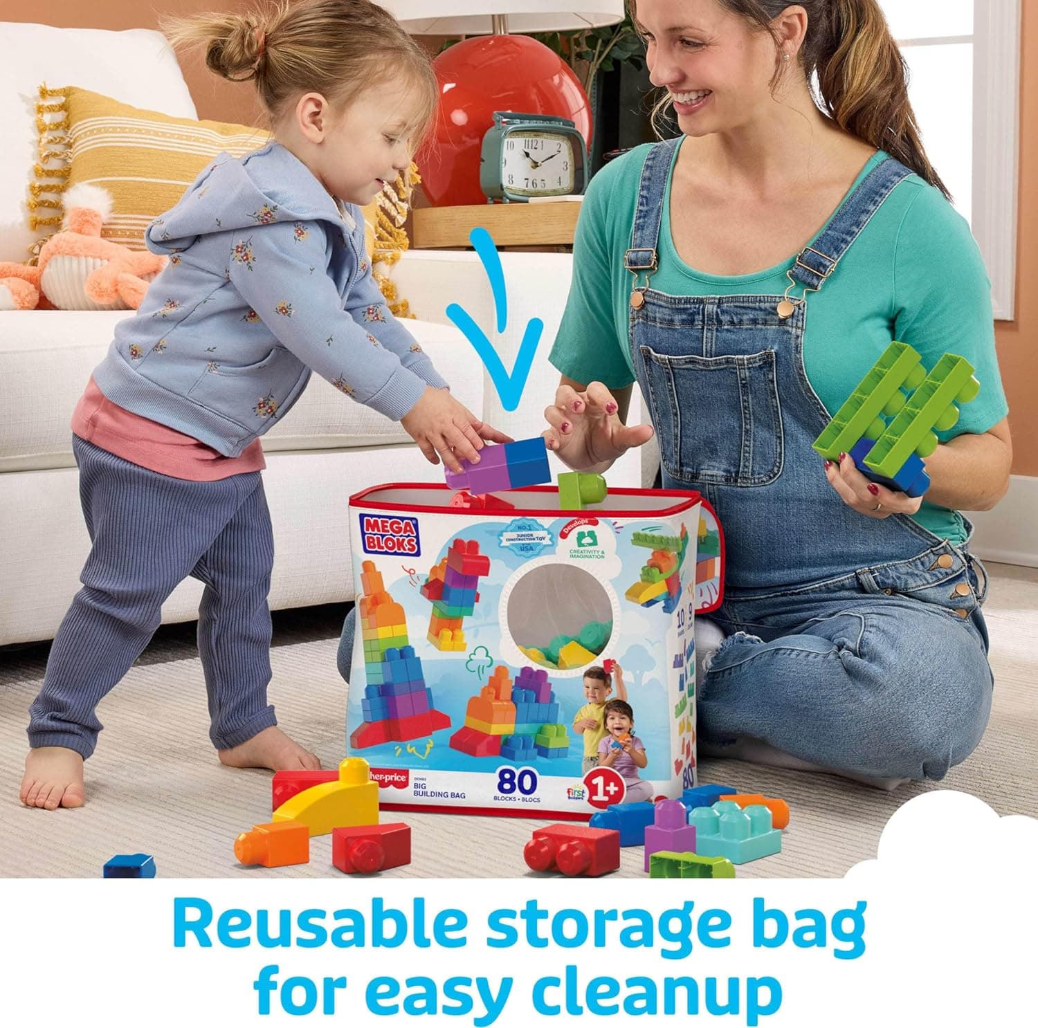 MEGA BLOKS First Builders Toddler Blocks Toys Set, Big Building Bag with 80 Pieces and Storage, Blue, Ages 1+ Years Blue Bag - Image 7