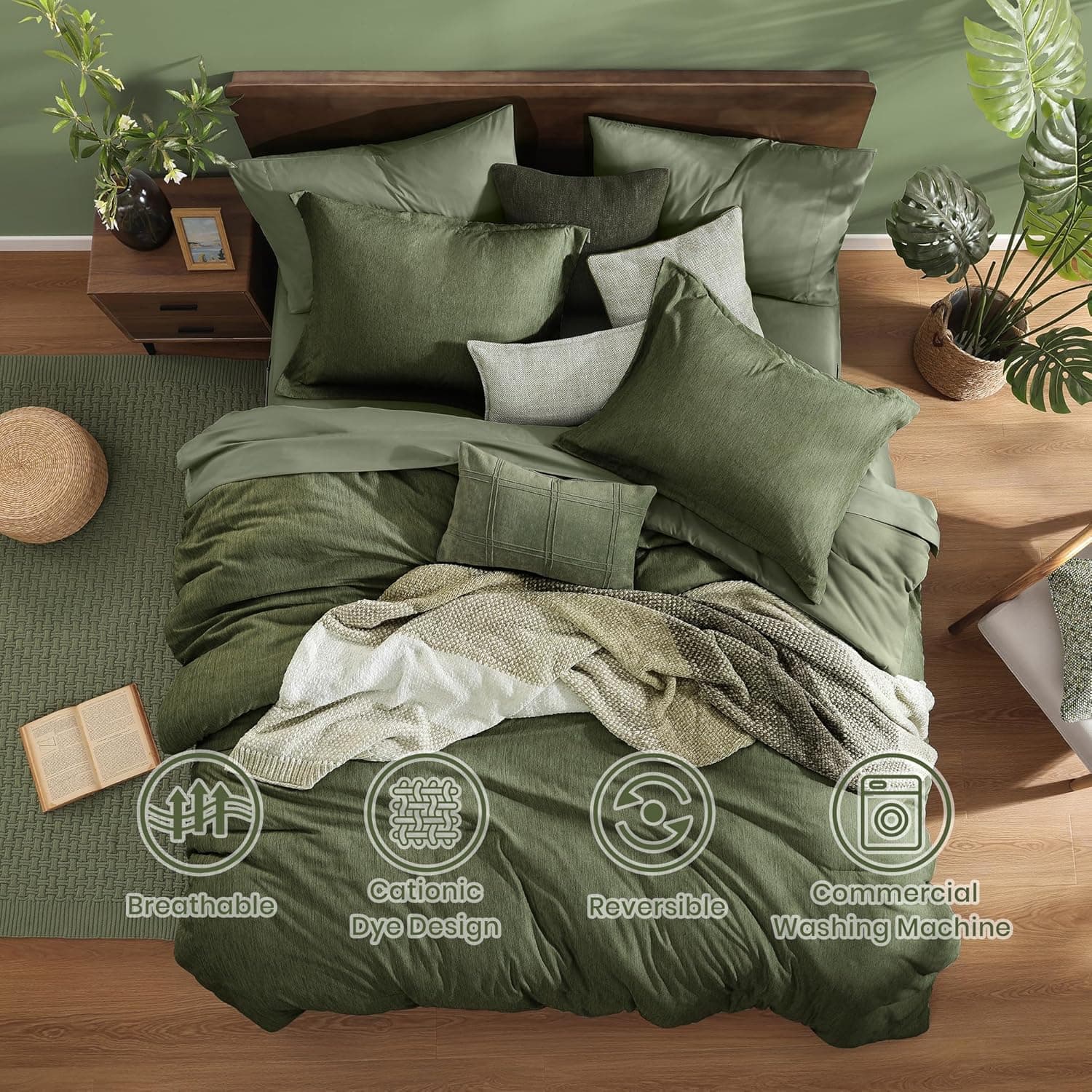 Monbix Queen Comforter Set - 7 Pieces Cationic Dyeing Olive Green Bed in a Bag Queen Bedding Sets with Comforter, Sheets, Pillowcases & Shams, Reversible Bedding Comforters Sets Olive Green 7Piece-Queen(90”X90'') - Image 3