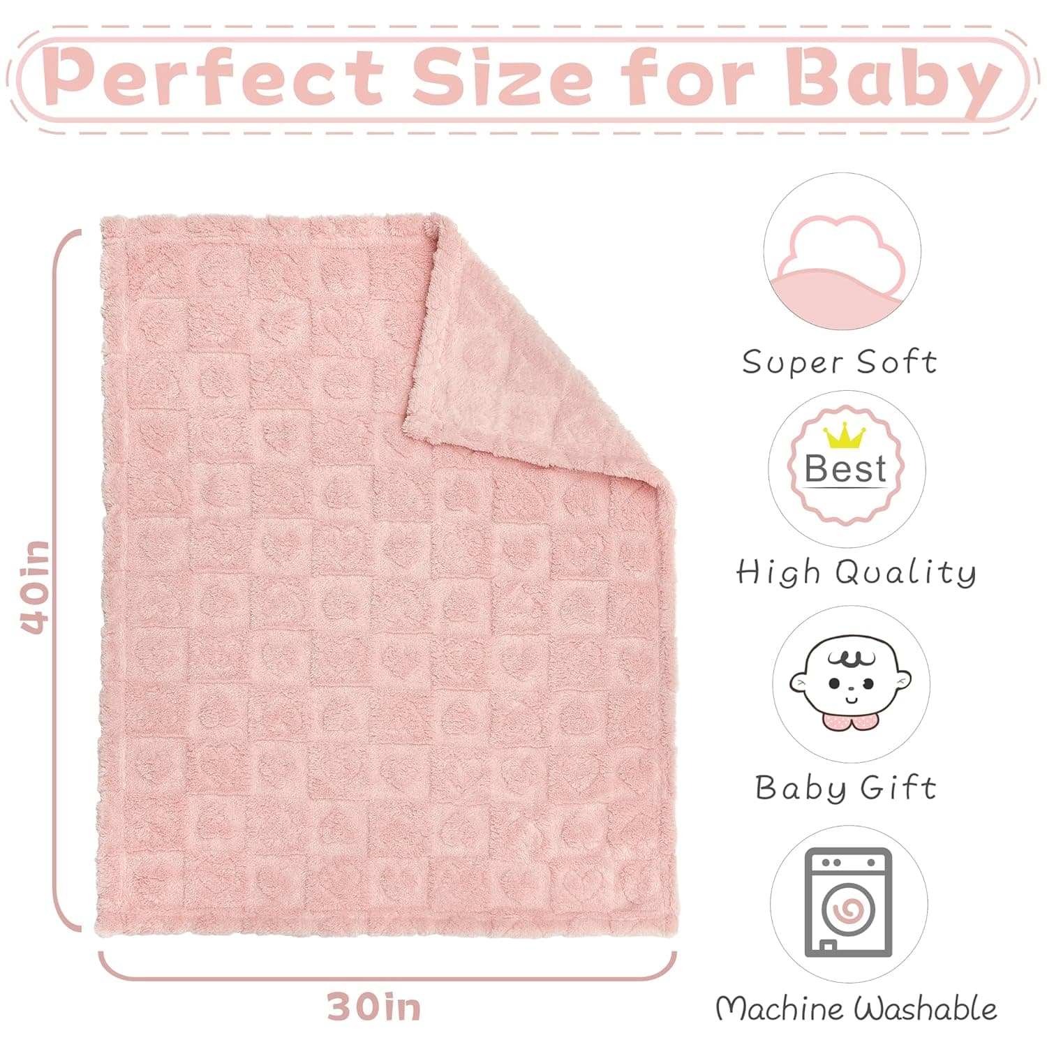 Yurhap Fleece Baby Blanket Heart Checkered Blanket, Ultra Soft Cozy Baby Blankets for Girls Boys, Fluffy Infant Toddler Newborn Receiving Blankets for Crib Stroller 30”×40” (Light Pink) 01 Light Pink 30"x40" - Image 7
