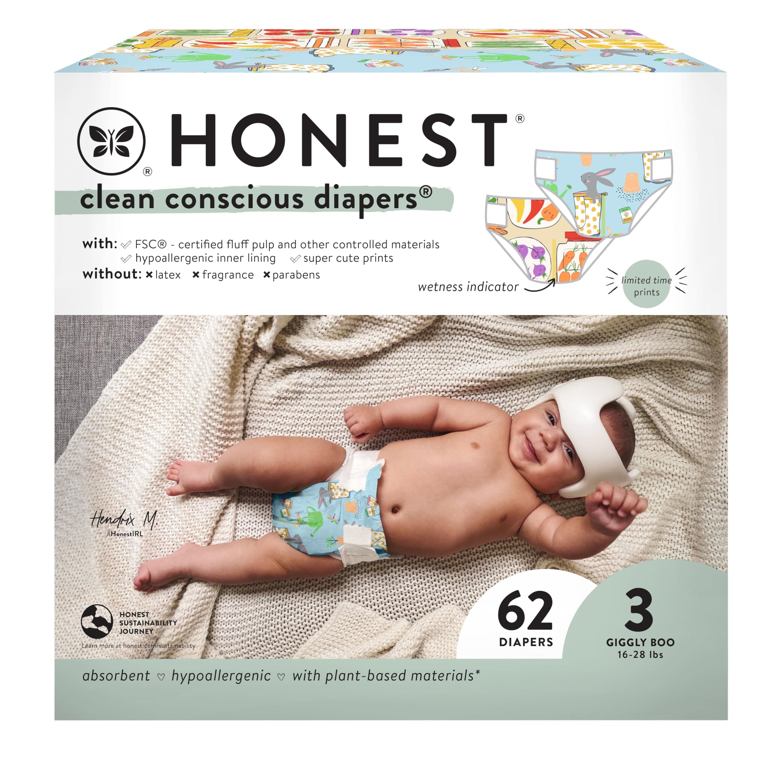 The Honest Company Pañales Clean Conscious para Piel Sensible | Hipoalergénicos, Sin Fragancia | Edición Limitada Primavera '25 | Caja Club, Tamaño 3 (16-28 lbs), 62 Contenido Tamaño 3 (62 Contenido)