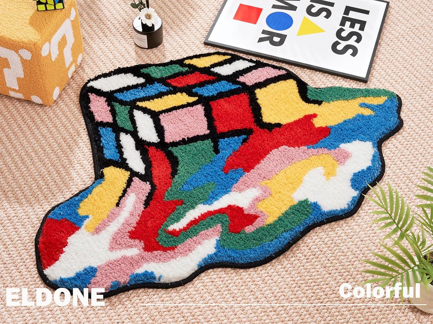 ELDONE Melted Magic Cube Rug, Funky Aesthetic Area Rugs 34 x 24 inch Non Slip Washable, Abstract Cute Unique Bathroom Bedroom Small Rugs, Funny Colorful Cool Rugs - Image 4
