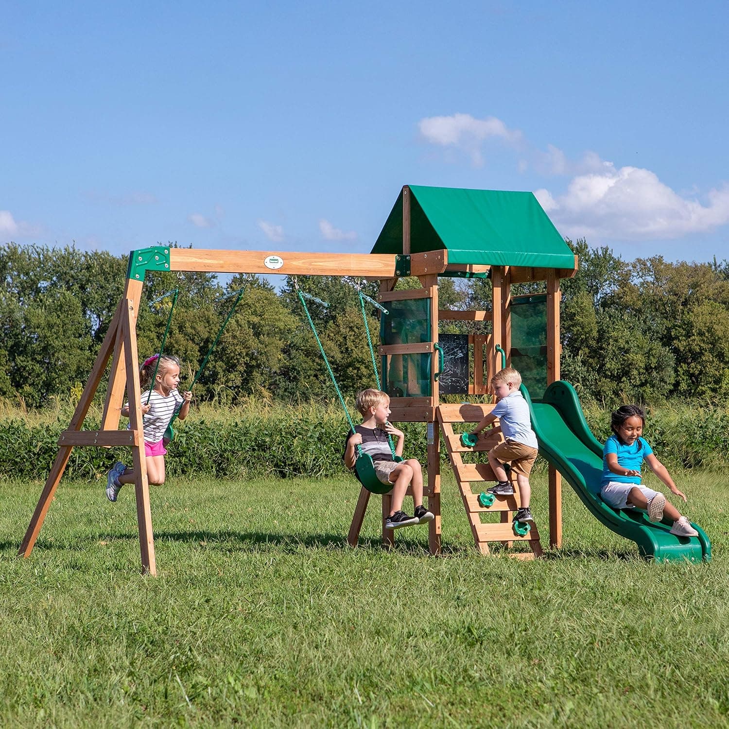 Backyard Discovery Buckley Hill Cedar Wood Swing Set with Wave Slide, Play Deck, Rock Wall Ladder, Belt Swings, Chalkboard, Canopy Roof, Outdoor Playset Green - Image 3