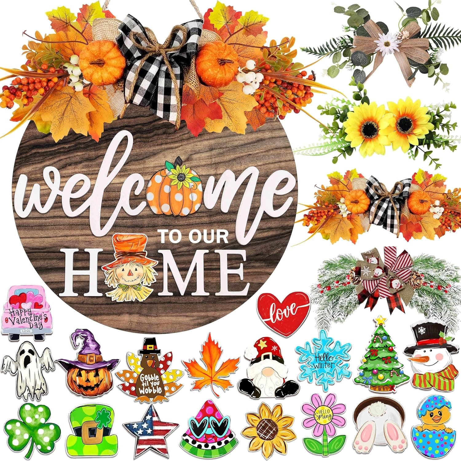 Interchangeable Welcome Sign for Front Door with 4 Seasonal Wreaths and 21 Changeable Icons, Farmhouse Rustic Outdoor Welcome Signs Porch, Holiday Spring Summer Winter Fall Decorations for Home Gifts - Image 2