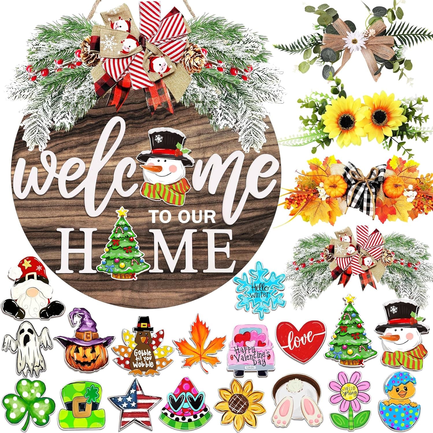 Interchangeable Welcome Sign for Front Door with 4 Seasonal Wreaths and 21 Changeable Icons, Farmhouse Rustic Outdoor Welcome Signs Porch, Holiday Spring Summer Winter Fall Decorations for Home Gifts - Image 2