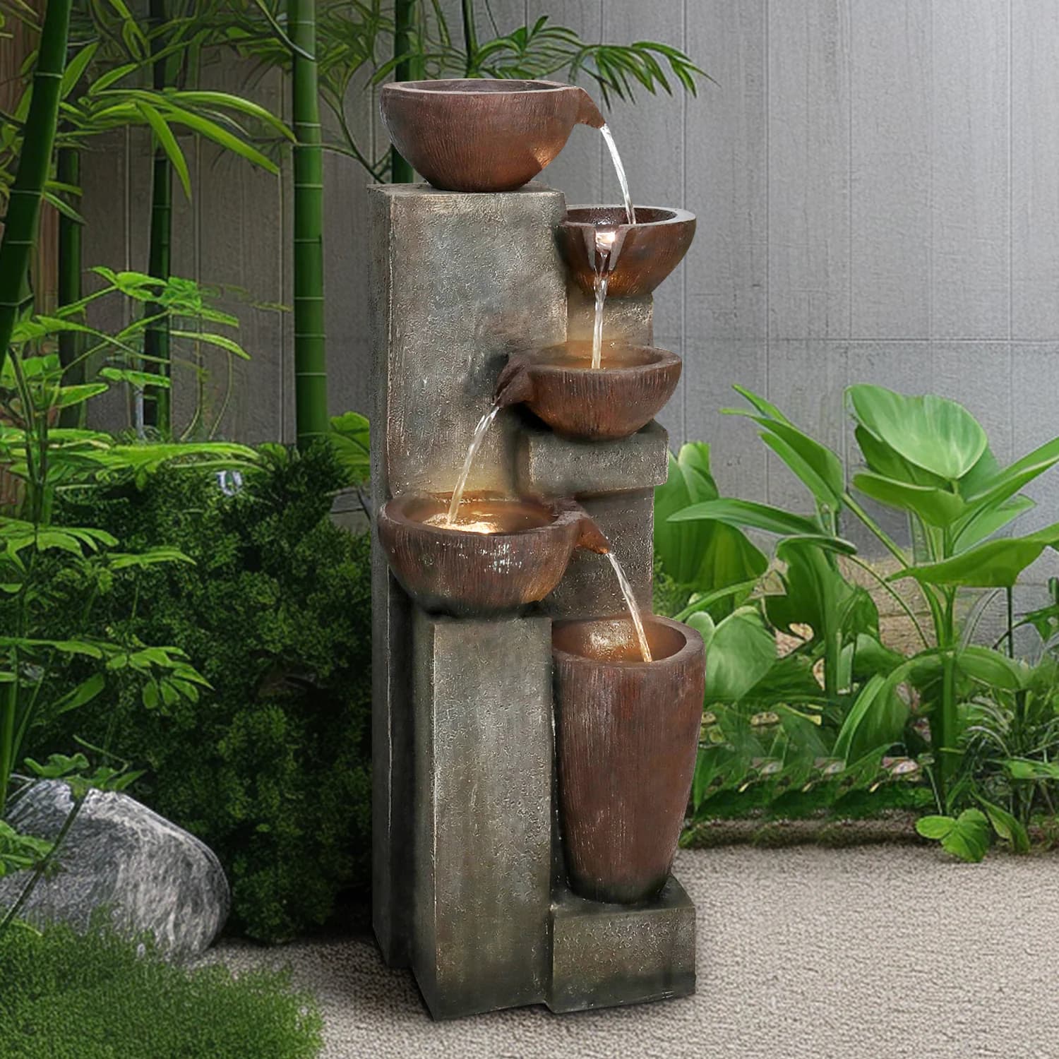 SunJet 5 Tier Cascading Indoor Outdoor Water Fountain with LED Lights 39in High Large Waterfall Floor Standing Fountain for Garden Patio Yard and