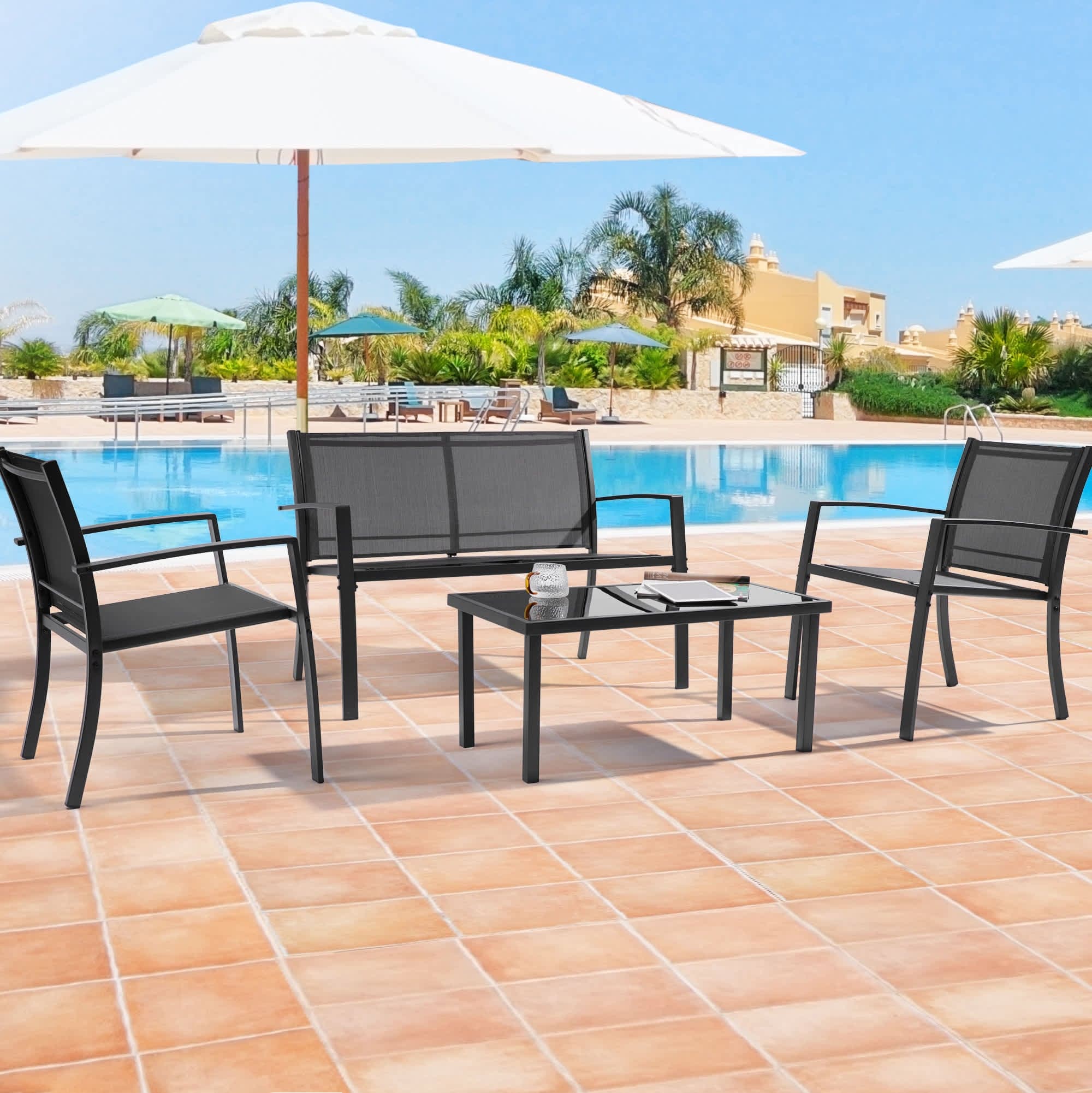 Aok Garden 4 Pcs Patio Furniture Modern PVC Coated Polyester Bistro Sets Poolside Lawn Balcony Black one_size | LWP-KF-3700BK