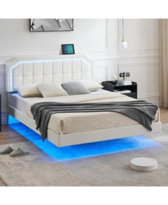 Gaomon Floating Bed Frame With Rgb Led Lights Headboard Modern Floating Led Bed Frame With Upholstered Adjustable Headboard