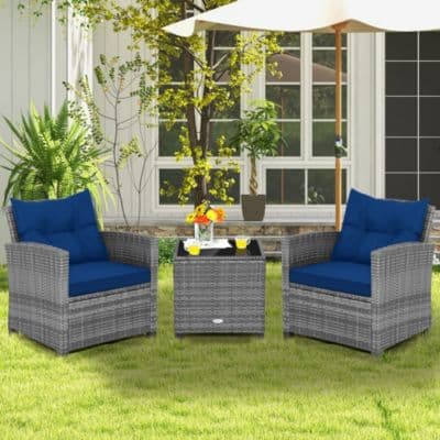 3 PCS Patio Rattan Furniture Bistro Set Cushioned Sofas Side Table Armrest