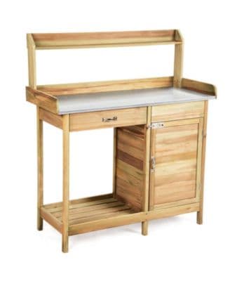 Gouun Outdoor Wooden Potting Bench With Metal Tabletop Drawer Hooks